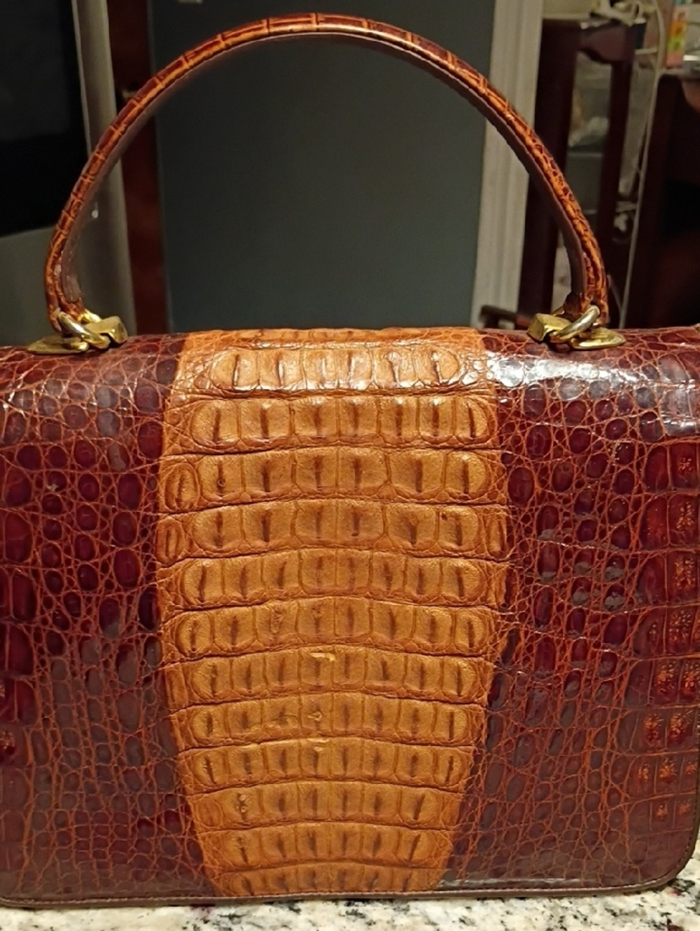 Croc-Embossed Two-Tone Brown Top-Handle Satchel - Picture 4 of 13